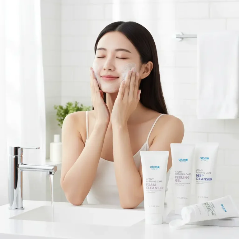 Femme appliquant un nettoyant (Deep Cleanser) sur le visage pour le rituel Atomy Evening Care Set.