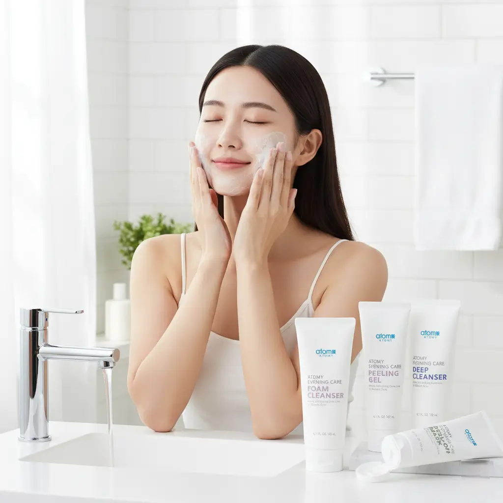 Femme appliquant un nettoyant (Deep Cleanser) sur le visage pour le rituel Atomy Evening Care Set.