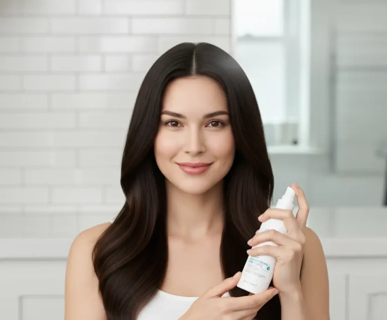 Femme brune aux cheveux soyeux appliquant le spray Atomy Saengmodan Hair Tonic directement sur son cuir chevelu.