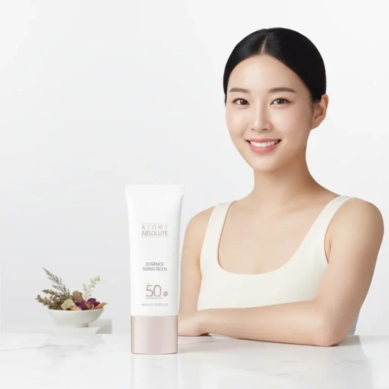 Jeune femme asiatique souriante posant à côté du tube de protection solaire Atomy Absolute Essence Sun SPF 50+ K-Beauty.