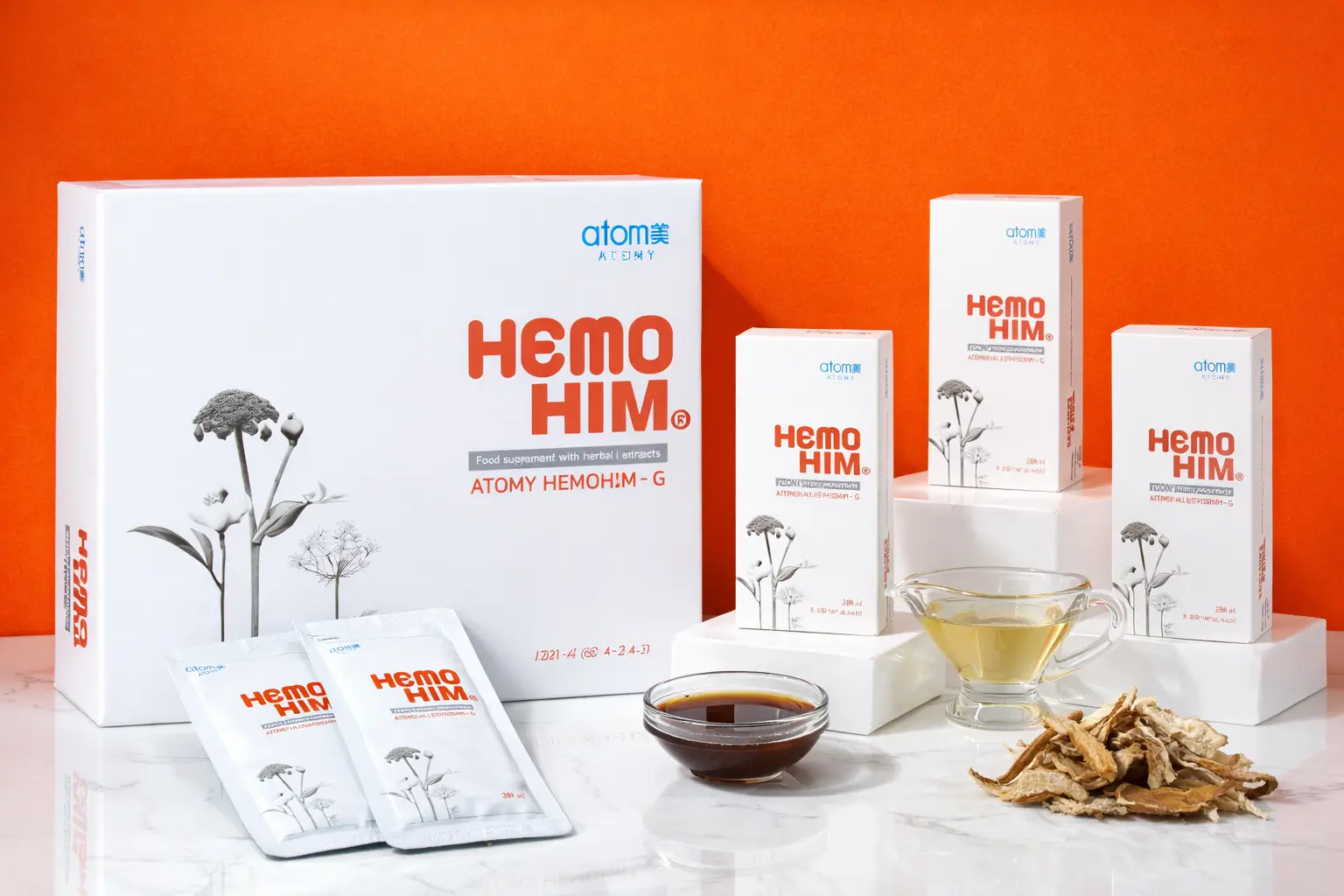 HemoHIM Avis Atomy : Boîte et sachets du complément alimentaire coréen pour l'immunité et la fatigue